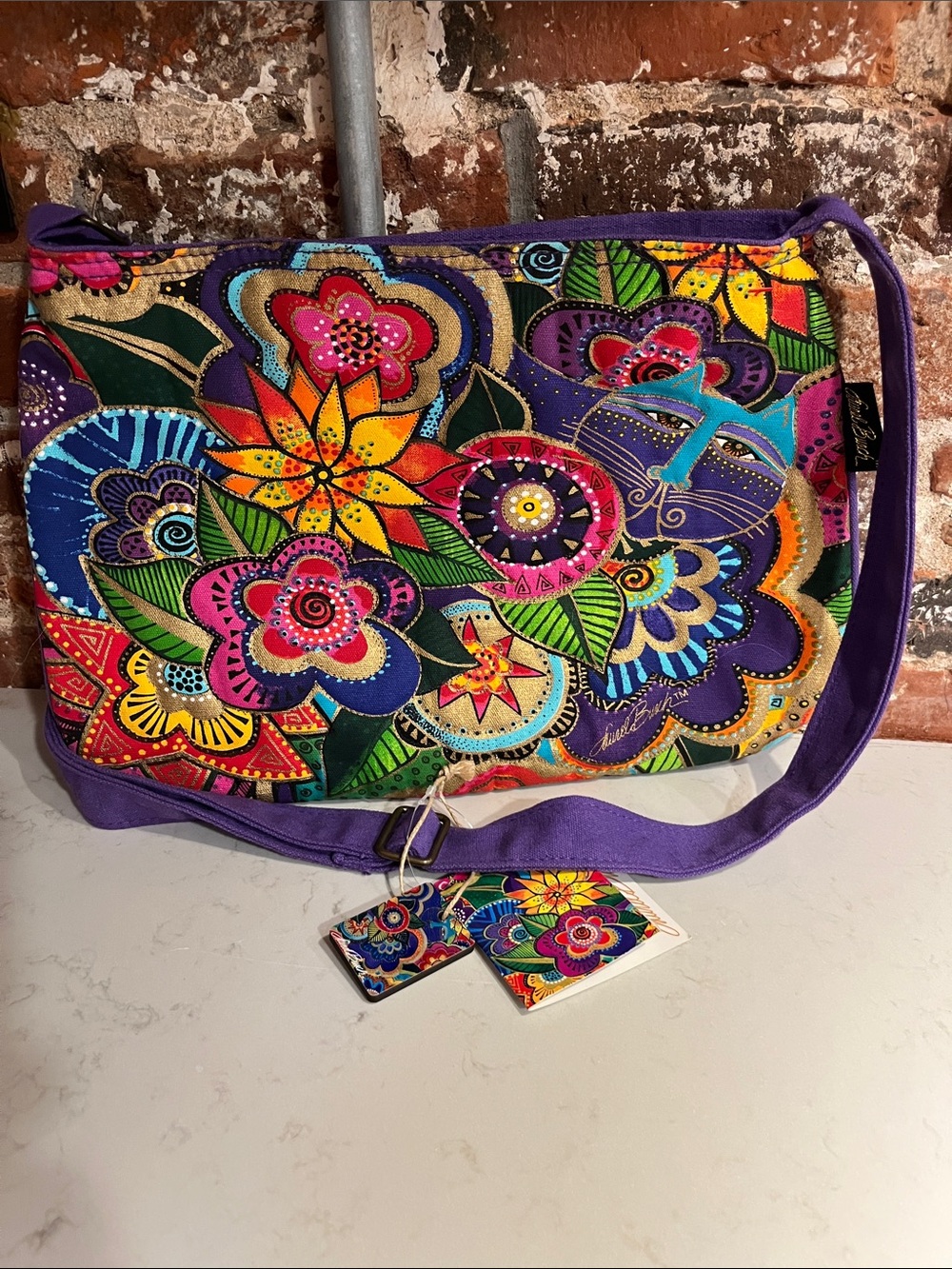 Laurel Burch Multicolor Floral Crossbody with Purple Strap - Picture 2 of 13